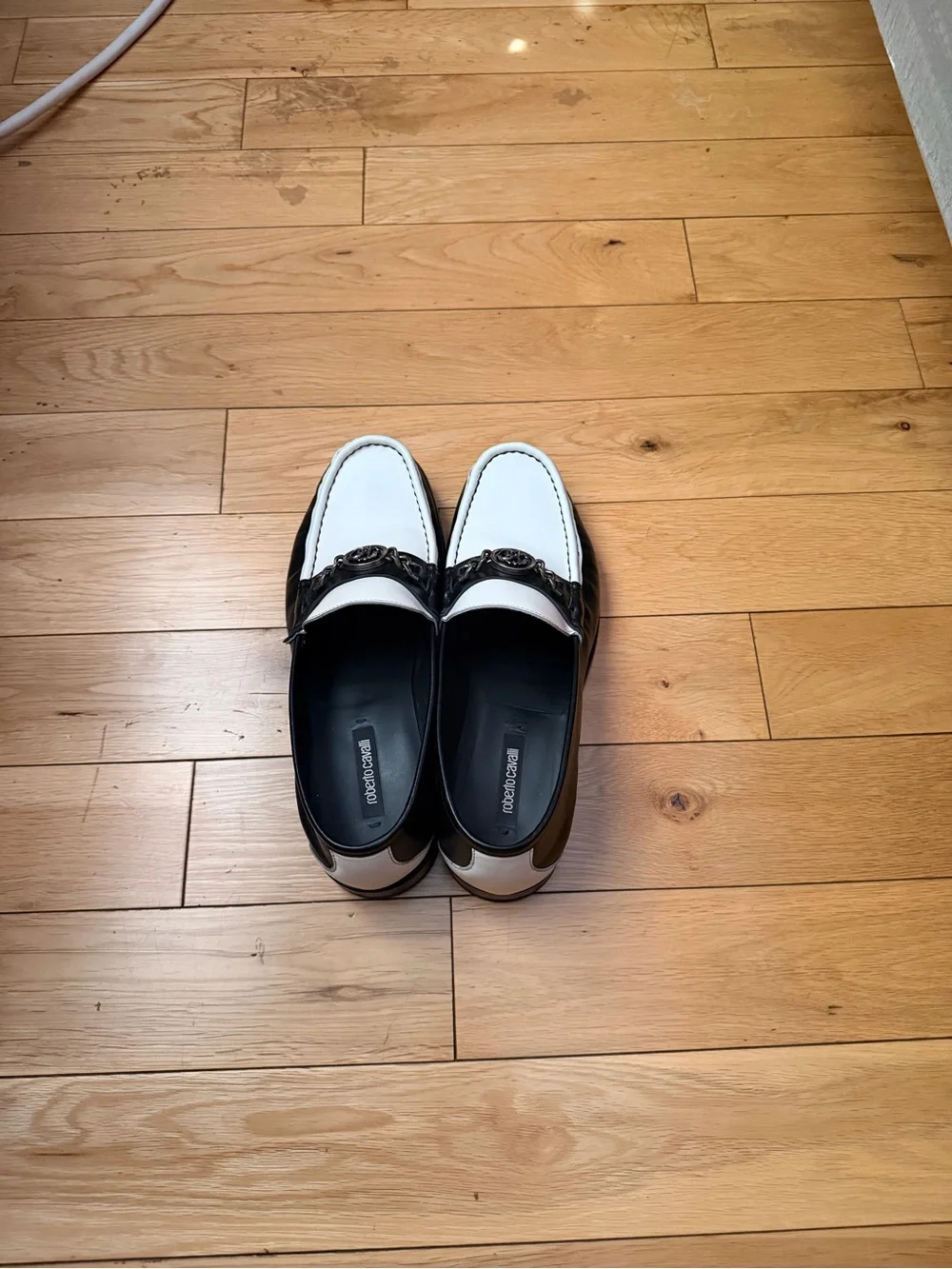 Roberto Cavalli Black and White Leather Loafers